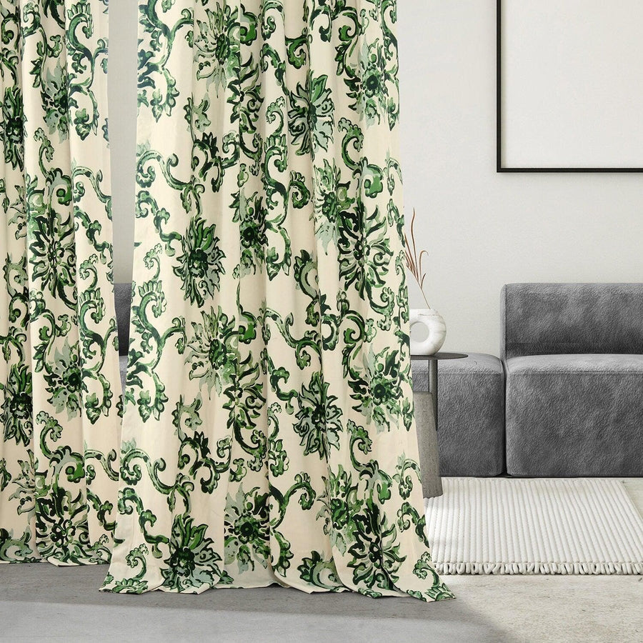 Indonesian Green French Pleat Printed Cotton Curtain