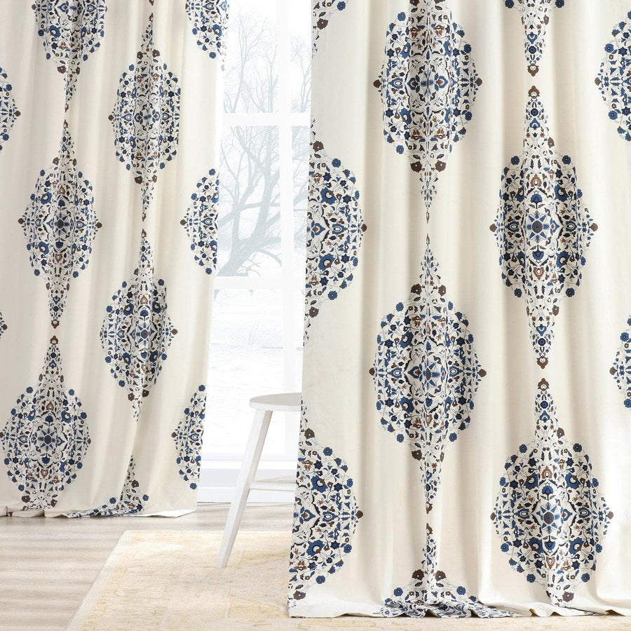 Kerala Blue Printed Cotton Curtain - HalfPriceDrapes.com