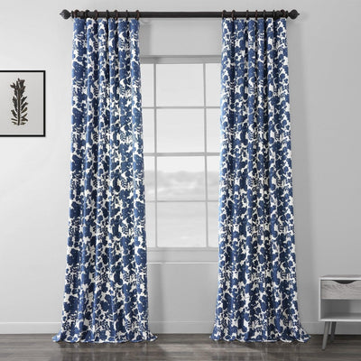 Fleur Blue Floral Printed Cotton Room Darkening Curtain