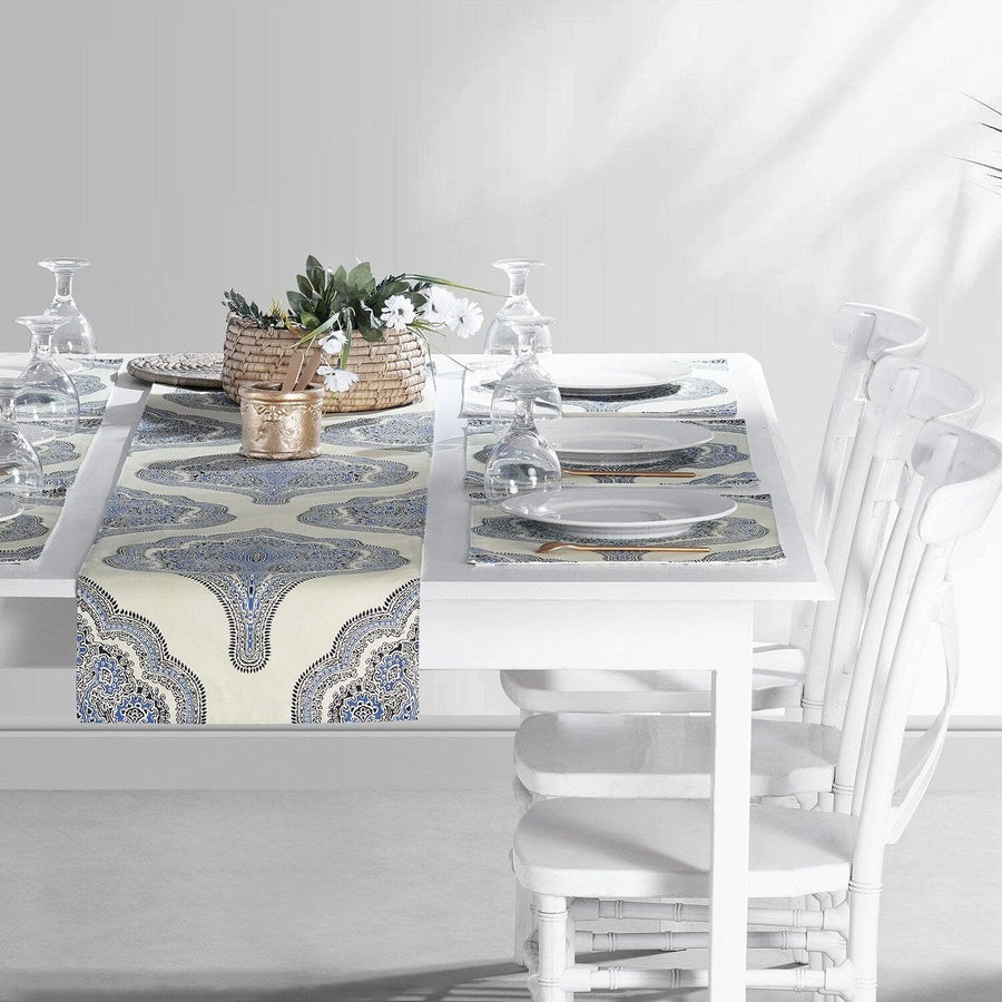Arabesque Blue Printed Cotton Table Runners & Placemats