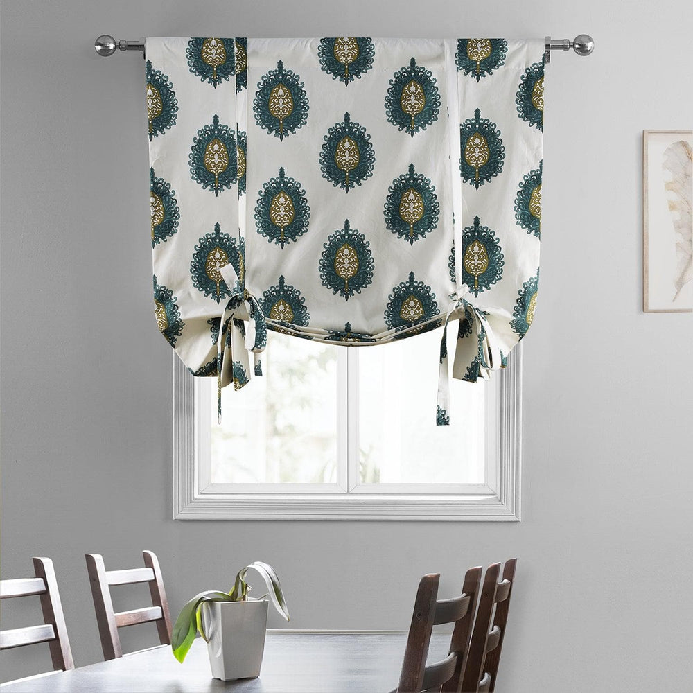 Mayan Teal Printed Cotton Tie-Up Window Shade - HalfPriceDrapes.com