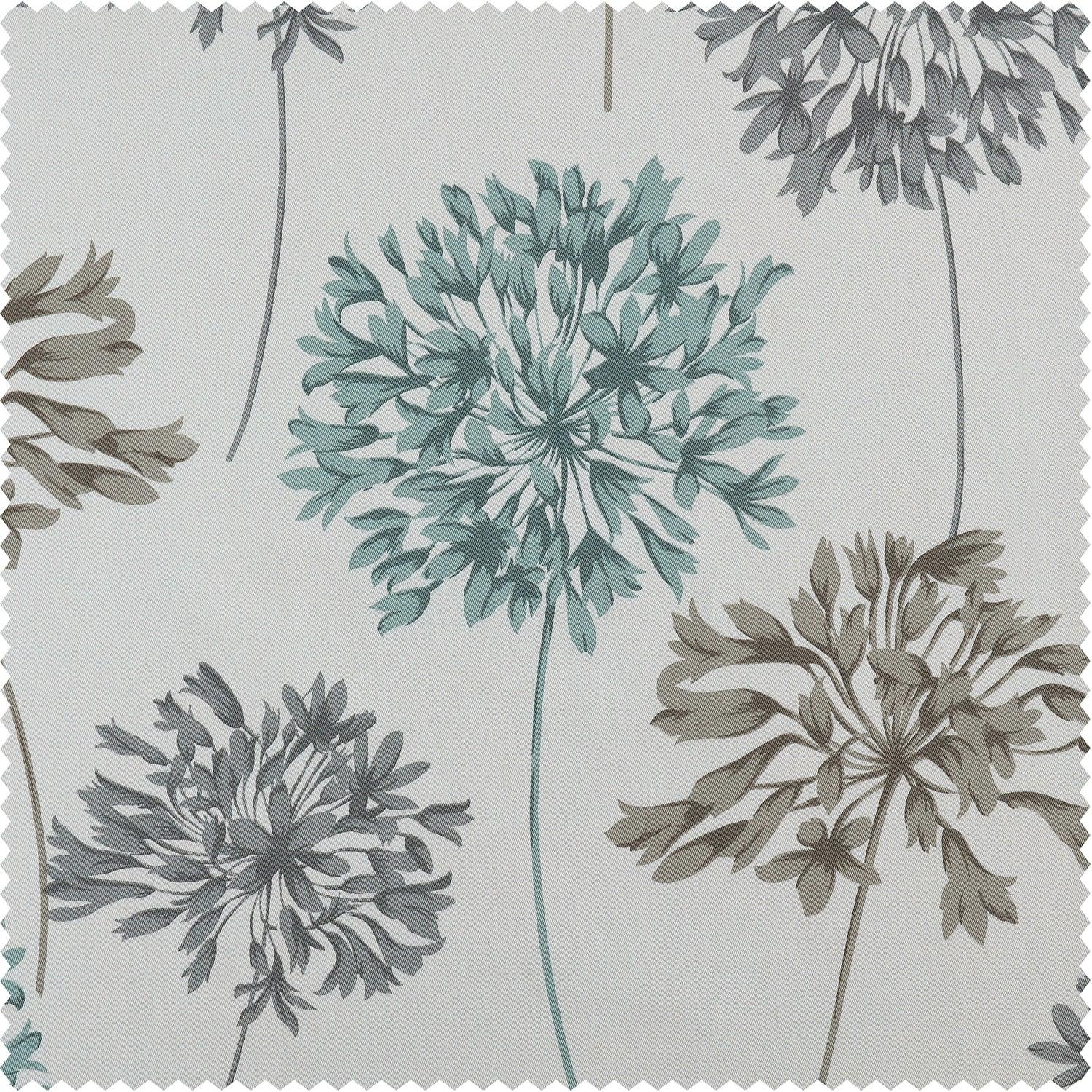 Allium Blue Grey Floral Printed Cotton Room Darkening Curtain