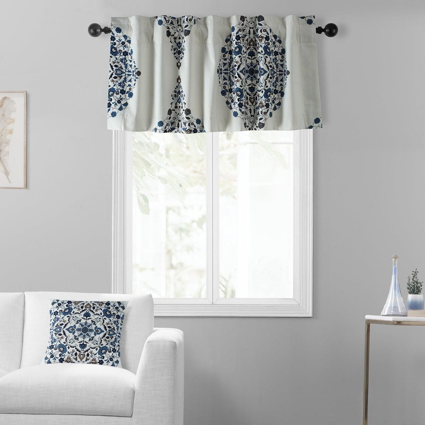 Kerala Blue Printed Cotton Window Valance - HalfPriceDrapes.com