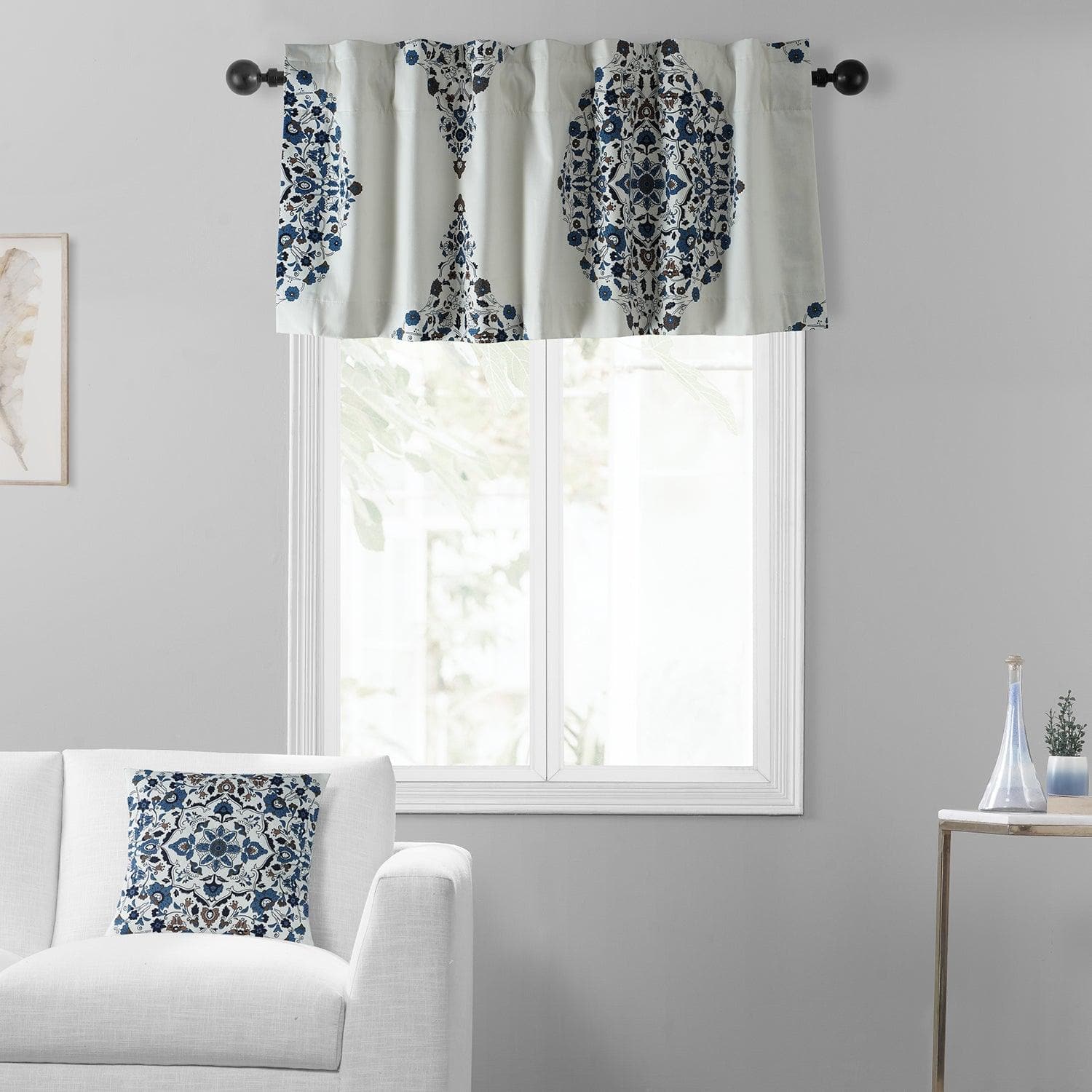 Kerala Blue Printed Cotton Window Valance - HalfPriceDrapes.com