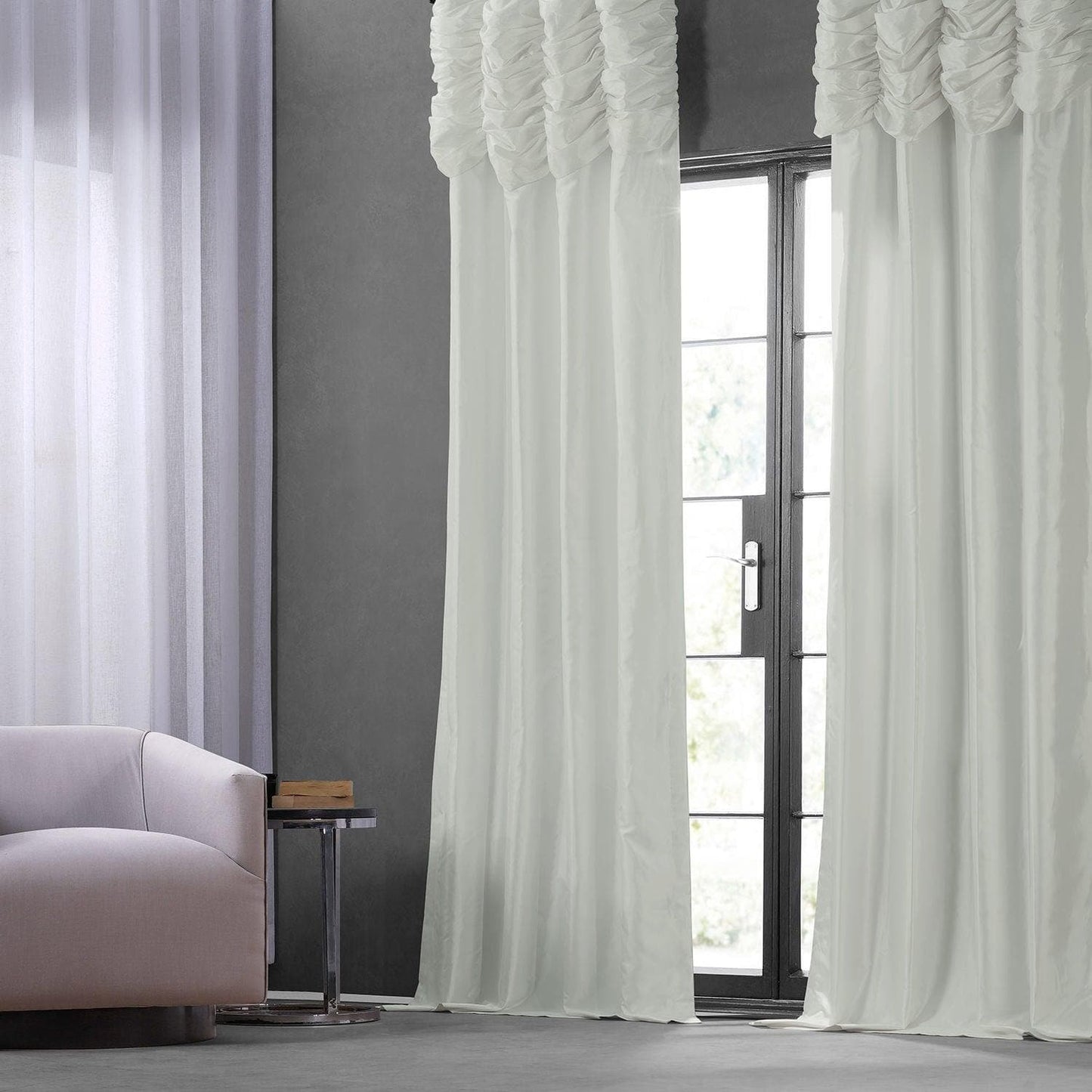 Eggshell Ruched Solid Faux Silk Taffeta Curtain