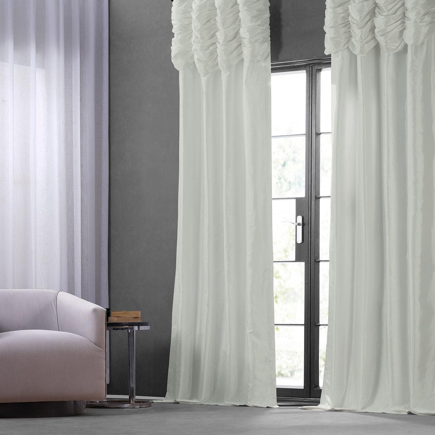 Eggshell Ruched Solid Faux Silk Taffeta Curtain