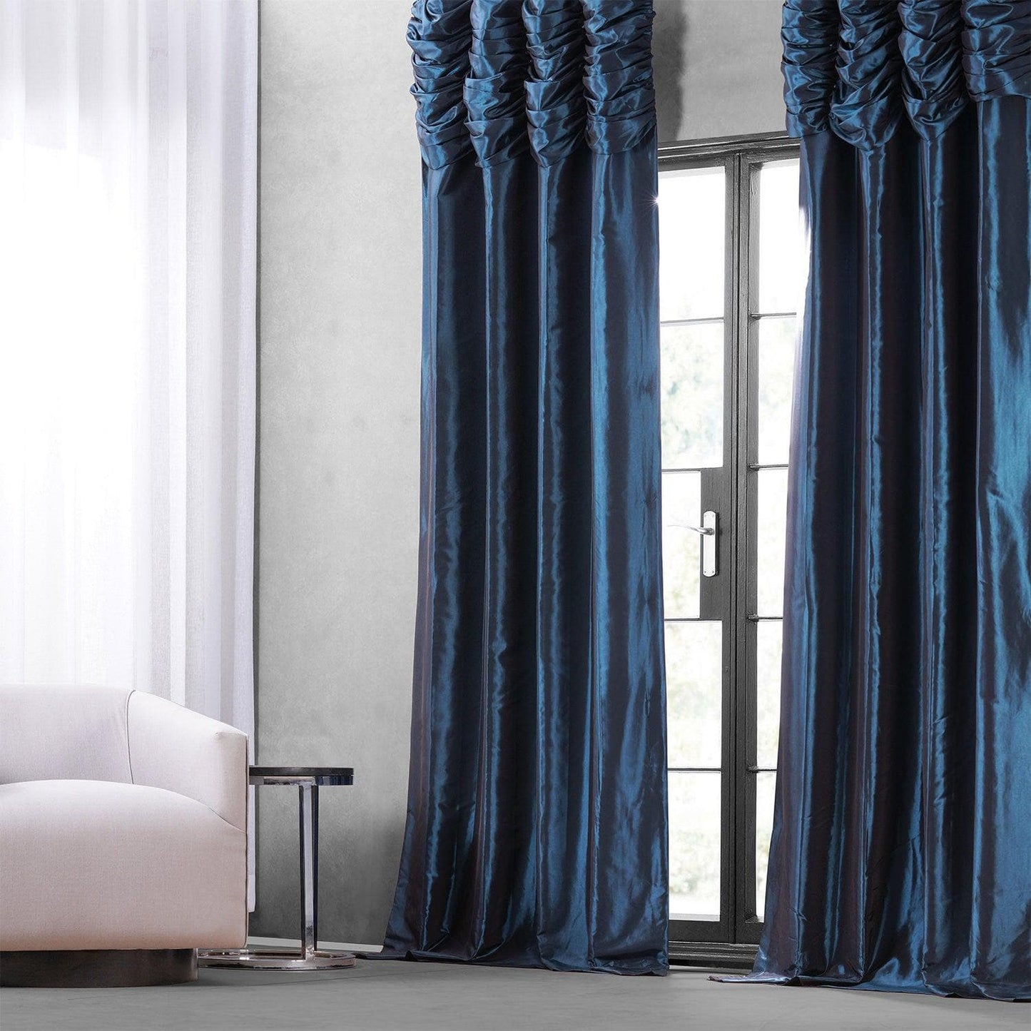 Navy Ruched Solid Faux Silk Taffeta Curtain - HalfPriceDrapes.com