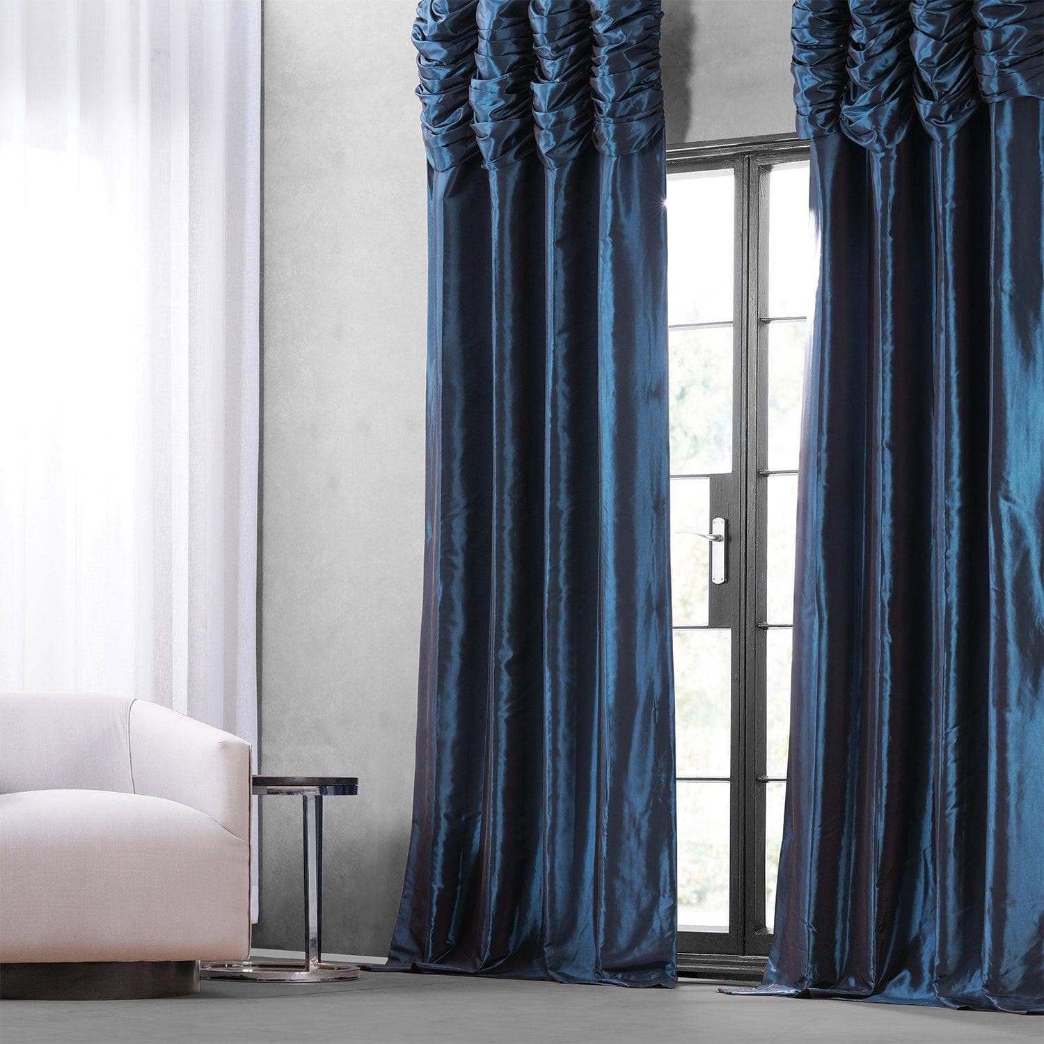 Navy Ruched Solid Faux Silk Taffeta Curtain - HalfPriceDrapes.com