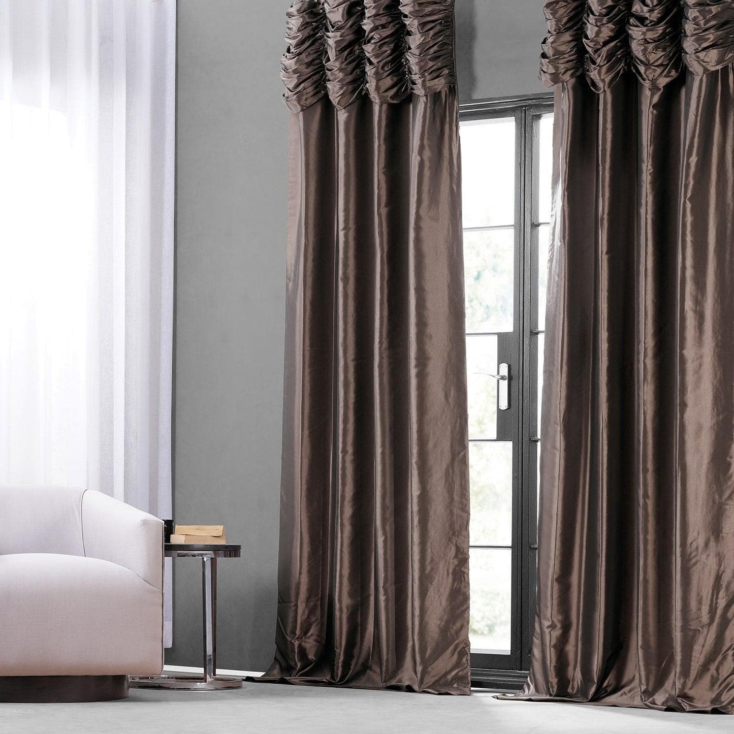 Mushroom Ruched Solid Faux Silk Taffeta Curtain