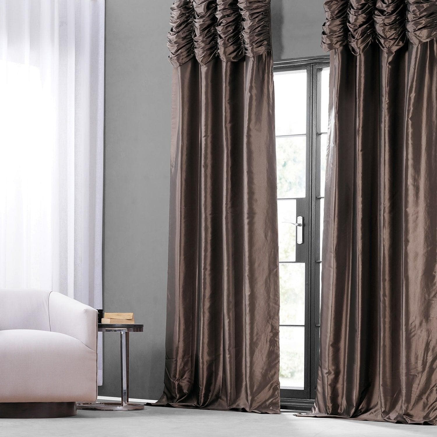 Mushroom Ruched Solid Faux Silk Taffeta Curtain