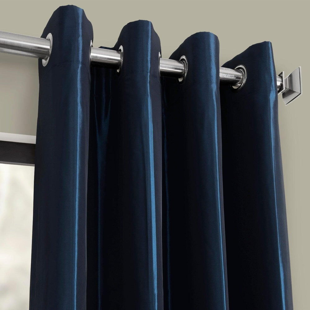 Navy Blue Grommet Faux Silk Taffeta Blackout Curtain