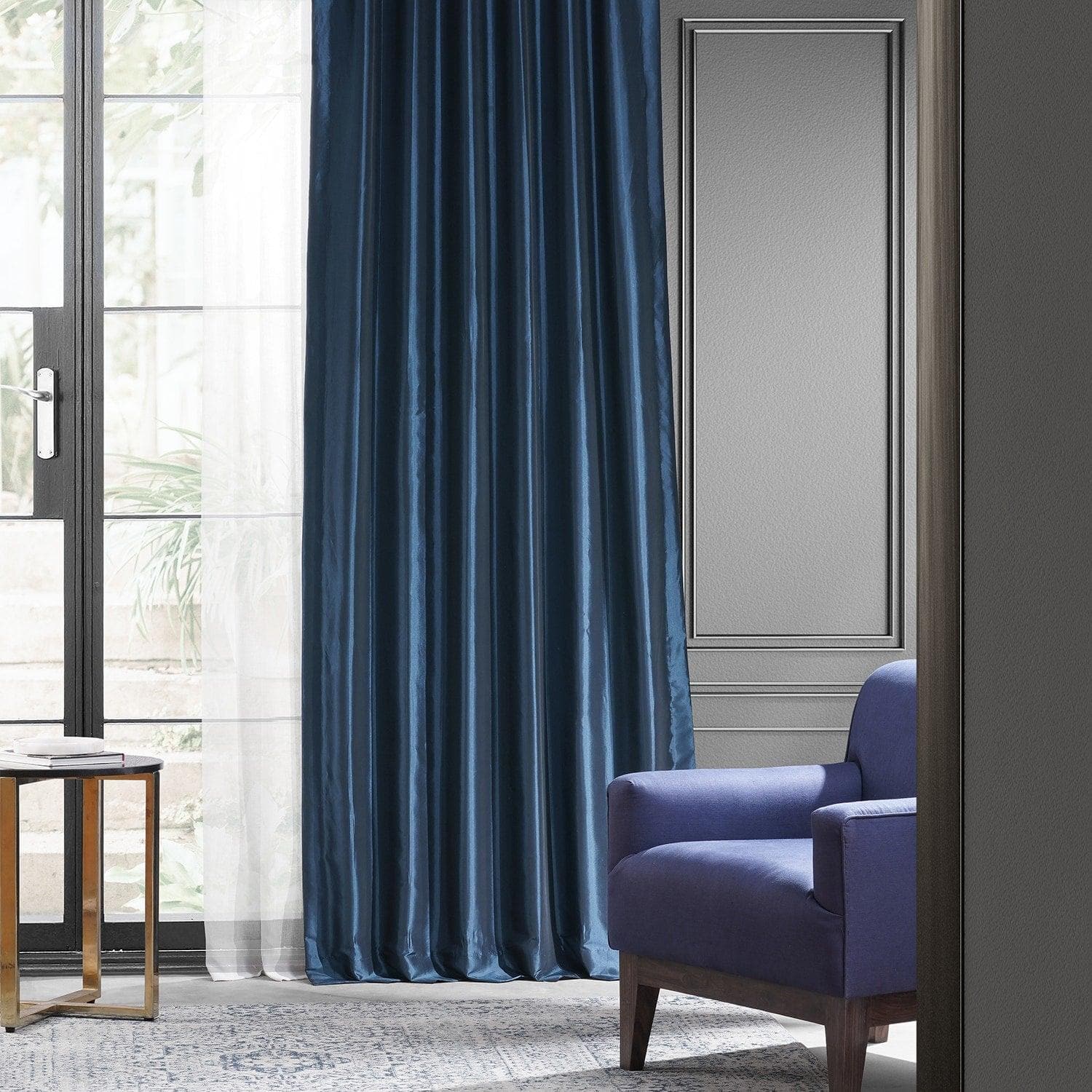 Navy Blue Faux Silk Taffeta Blackout Curtain