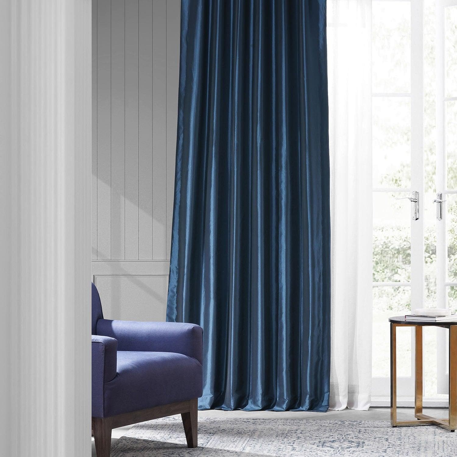 Navy Blue Solid Faux Silk Taffeta Curtain