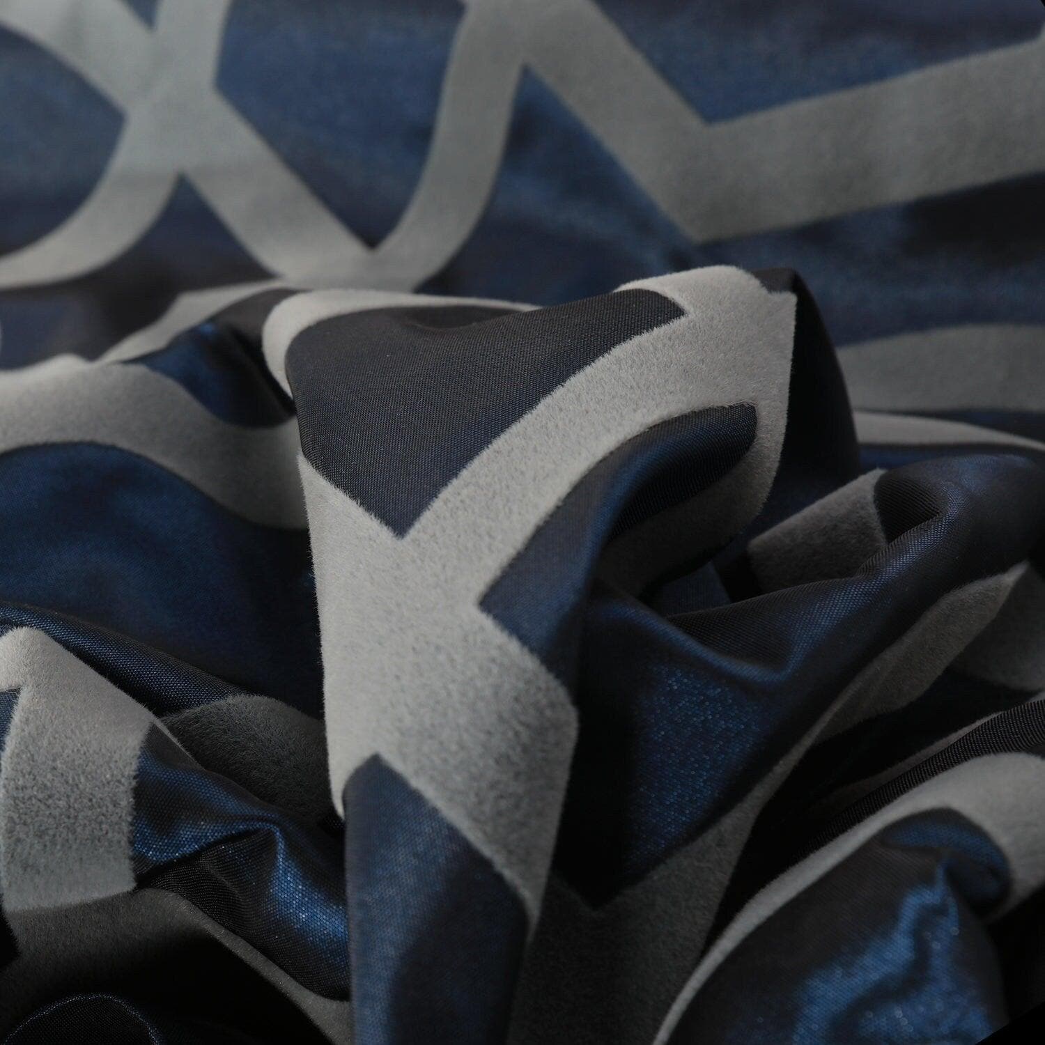 Filigree Blue & Grey Geometric Designer Flocked Room Darkening Curtain