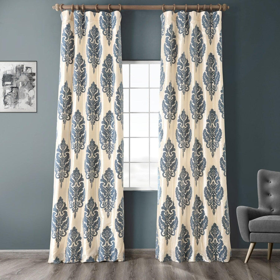 Francesca Grey and Blue Designer Flocked Curtain
