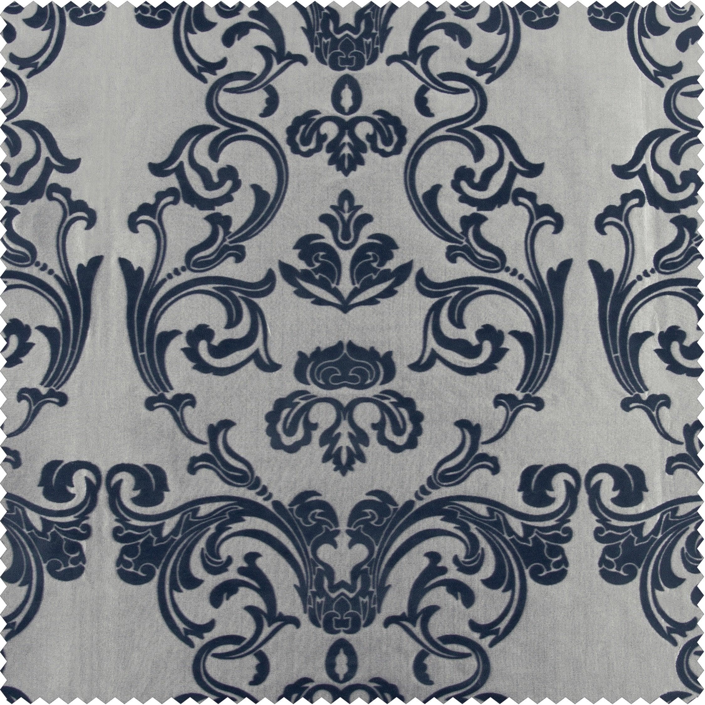 Firenze Grey & Blue Damask Designer Flocked Room Darkening Curtain