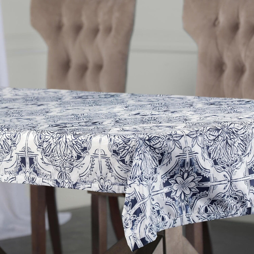 Delft Blue Designer Faux Silk Taffeta Outdoor Table Cloth - HalfPriceDrapes.com