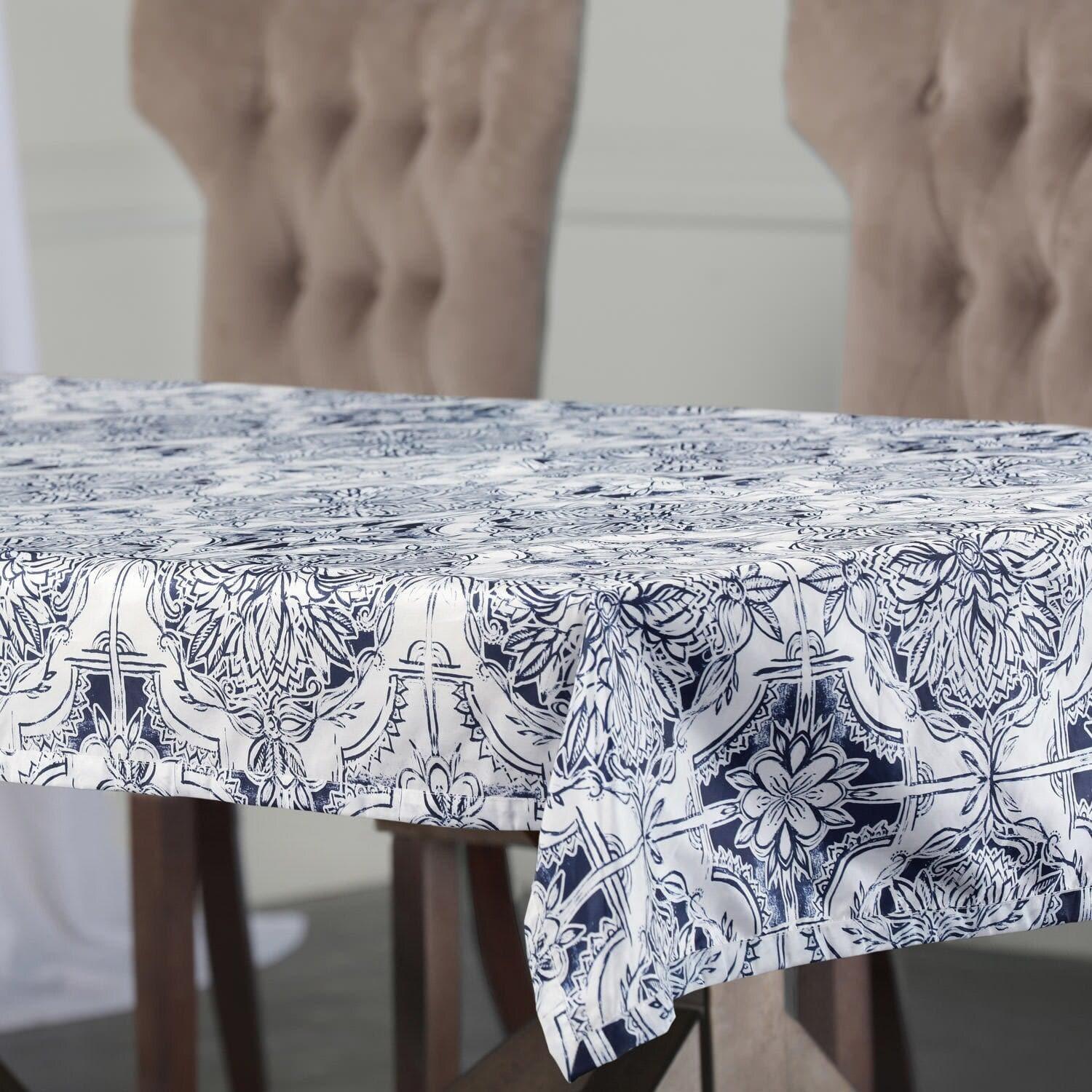 Delft Blue Designer Faux Silk Taffeta Outdoor Table Cloth - HalfPriceDrapes.com