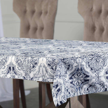 Delft Blue Designer Faux Silk Taffeta Outdoor Table Cloth - HalfPriceDrapes.com