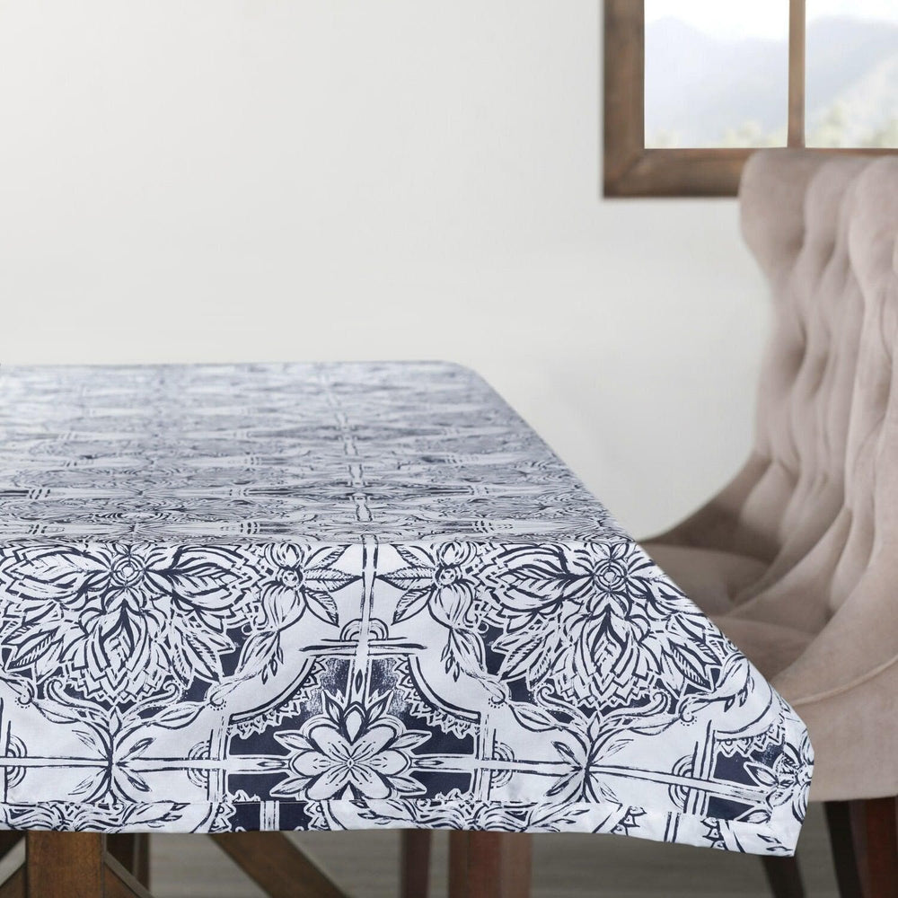 Delft Blue Designer Faux Silk Taffeta Outdoor Table Cloth - HalfPriceDrapes.com