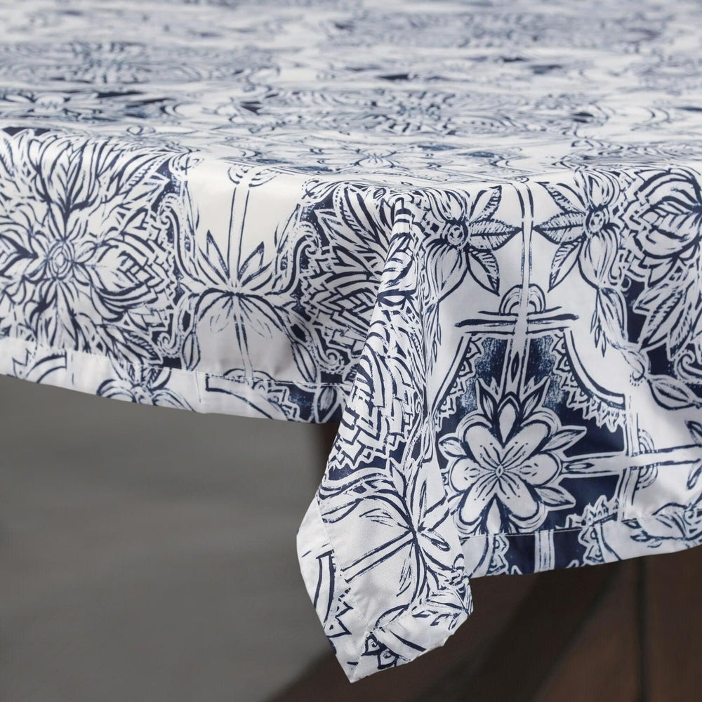 Delft Blue Designer Faux Silk Taffeta Outdoor Table Cloth - HalfPriceDrapes.com
