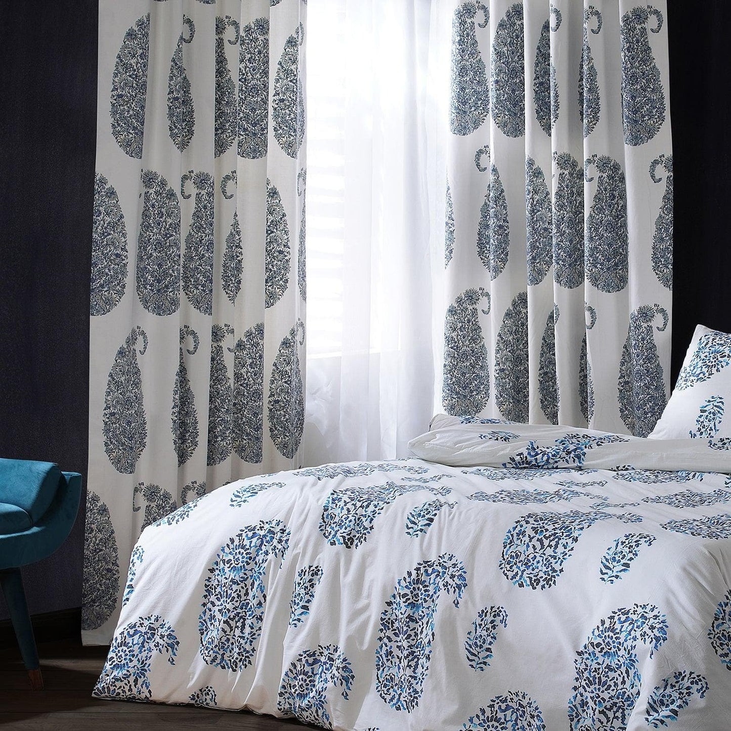 Paisley Park Blue Printed Cotton Custom Curtain - HalfPriceDrapes.com