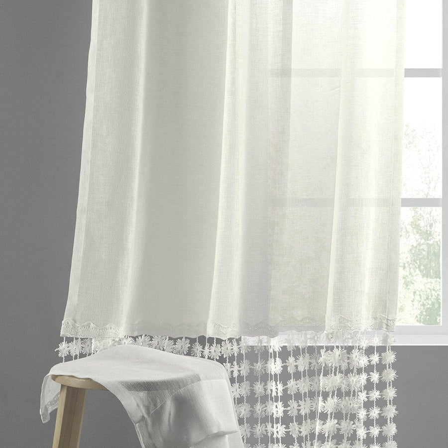 Lacy Daisy Off White Patterned Faux Linen Sheer Curtain