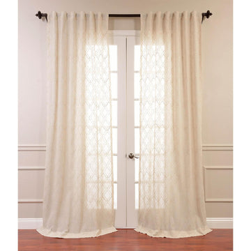 Saida Natural Embroidered Geometric Patterned Faux Linen Sheer Curtain