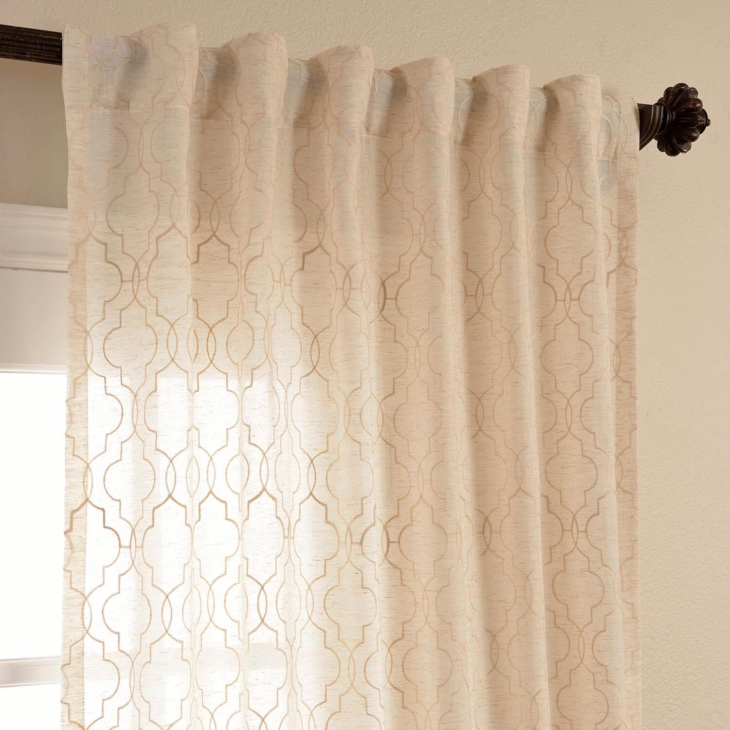 Saidia Natural Embroidered Patterned Faux Linen Sheer Curtain