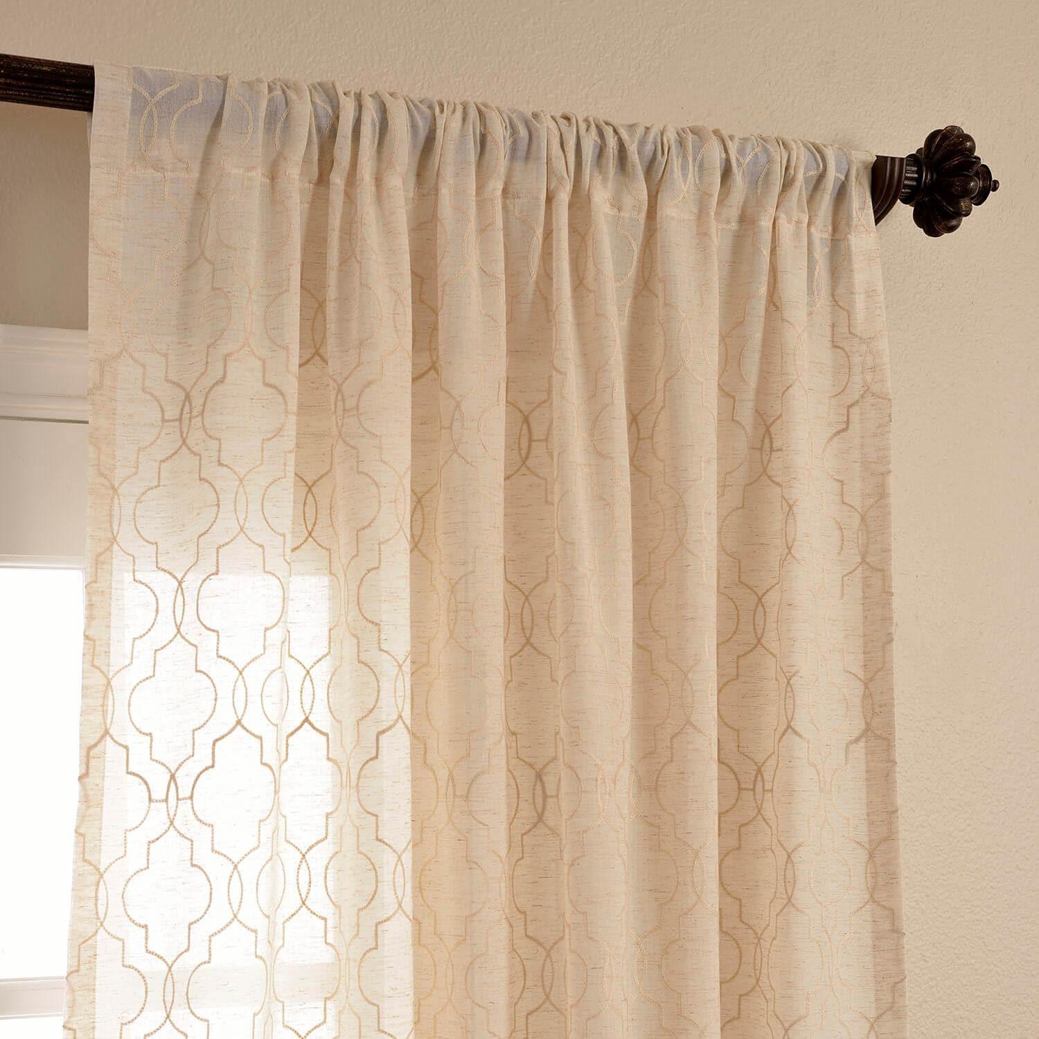 Saida Natural Embroidered Geometric Patterned Faux Linen Sheer Curtain ...