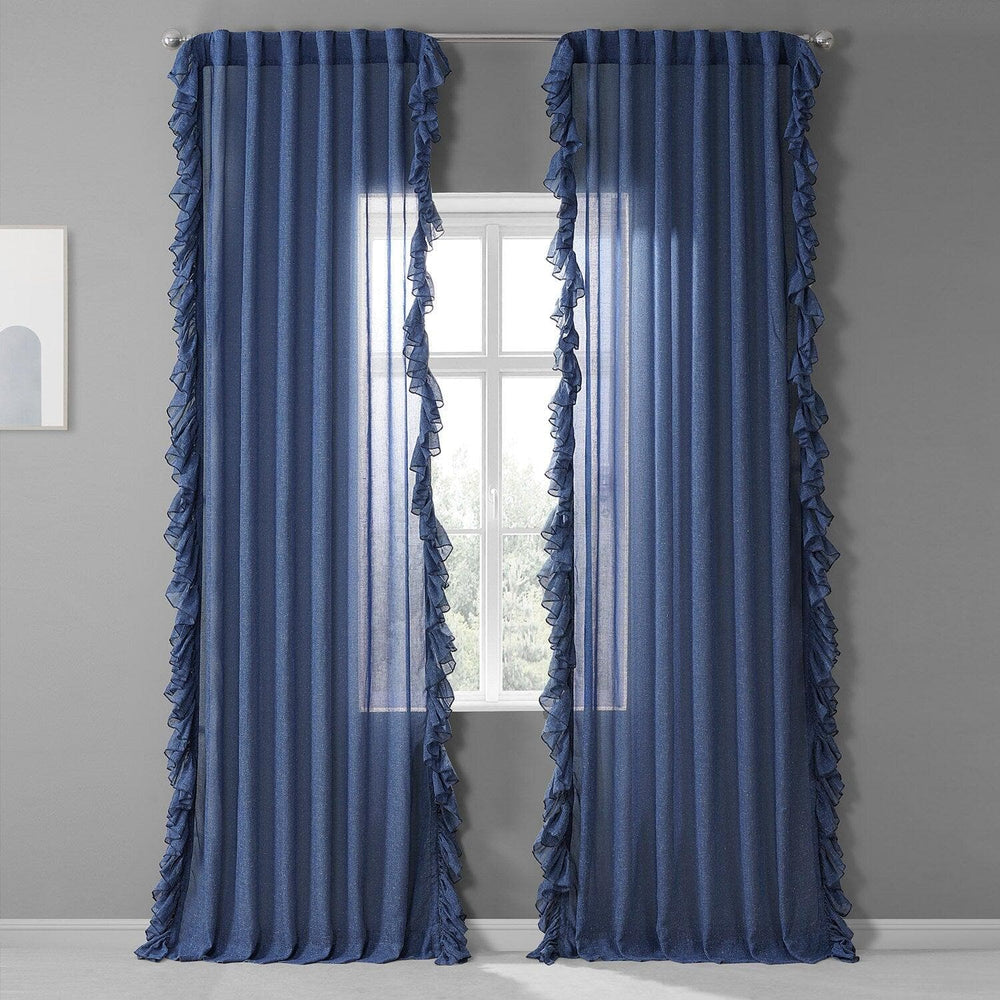 Blue Lapis Ruffled Faux Linen Curtain