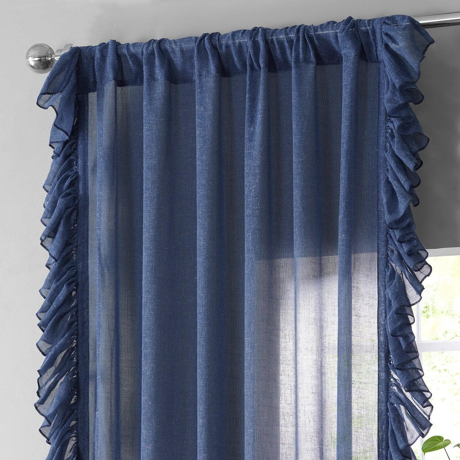 Blue Lapis Ruffled Faux Linen Curtain