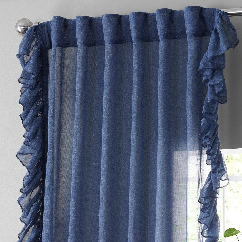 Blue Lapis Ruffled Faux Linen Curtain