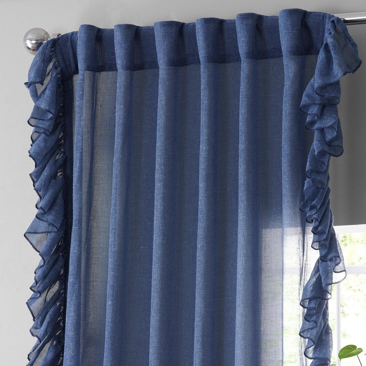 Blue Lapis Ruffled Faux Linen Curtain