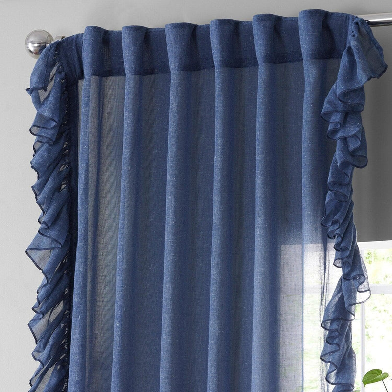 Blue Lapis Ruffled Faux Linen Curtain