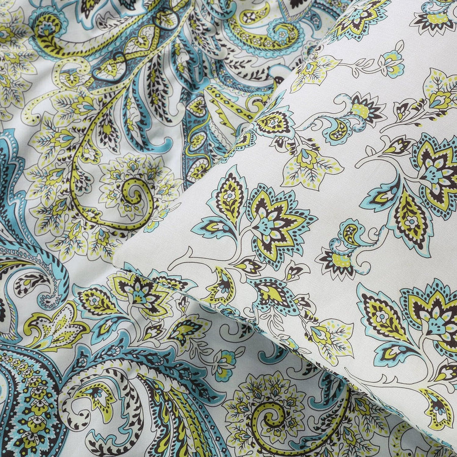 Spindrift Teal and Yellow Cotton Percale Printed Reversible Duvet Cover Swatch - HalfPriceDrapes.com
