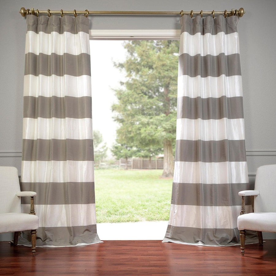 Thunder Tan & Off White Horizontal Striped Printed Cotton Custom Curtain - HalfPriceDrapes.com