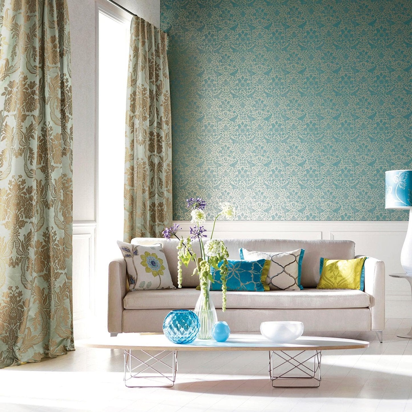 Magdelena Jade & Gold Faux Silk Jacquard Custom Curtain - HalfPriceDrapes.com